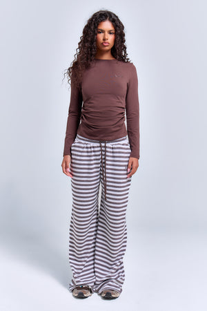 Kaiia Cinched Waist Cotton Long Sleeve Top Bitter Chocolate