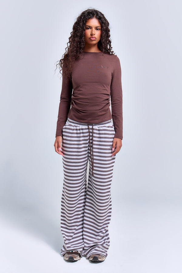 Kaiia Cinched Waist Cotton Long Sleeve Top Bitter Chocolate