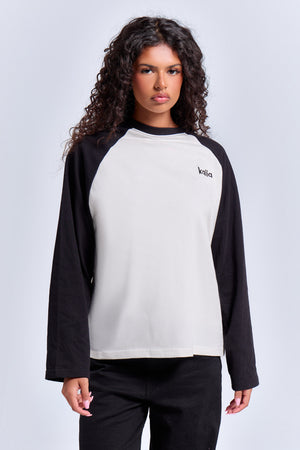 Kaiia Cotton Long Sleeve Raglan T Shirt Black & White