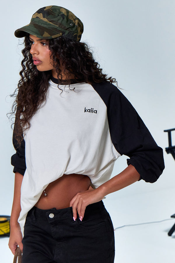 Kaiia Cotton Long Sleeve Raglan T Shirt Black & White