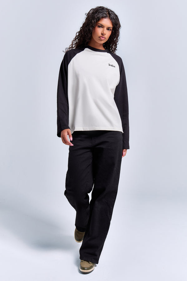 Kaiia Cotton Long Sleeve Raglan T Shirt Black & White