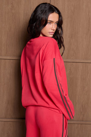 Kaiia Side Stripe Long Sleeve Oversized T-shirt Red & Brown