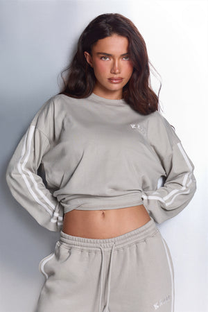 Kaiia Side Stripe Long Sleeve Oversized T-shirt Soft Grey & White