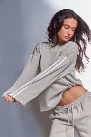 Kaiia Side Stripe Long Sleeve Oversized T-shirt Soft Grey & White