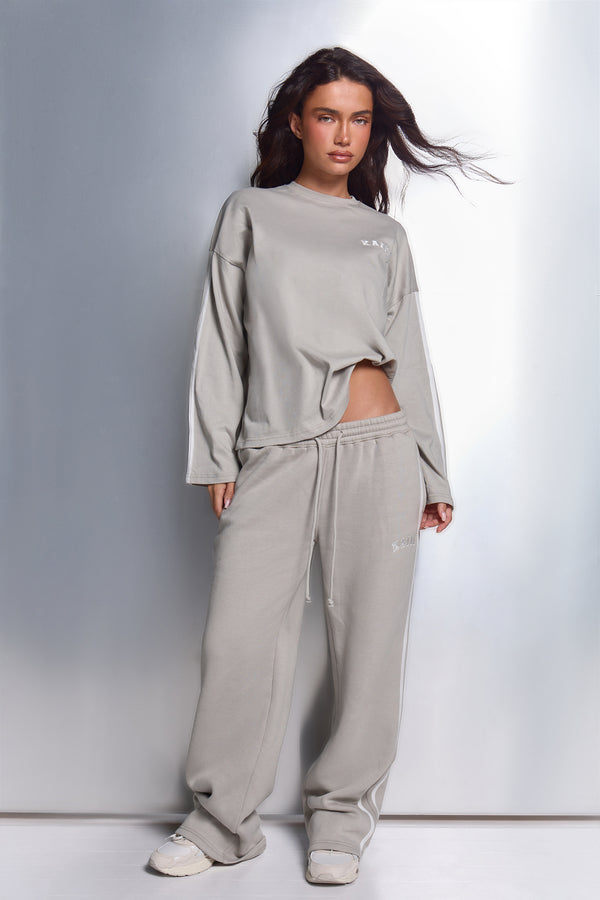 Kaiia Side Stripe Long Sleeve Oversized T-shirt Soft Grey & White