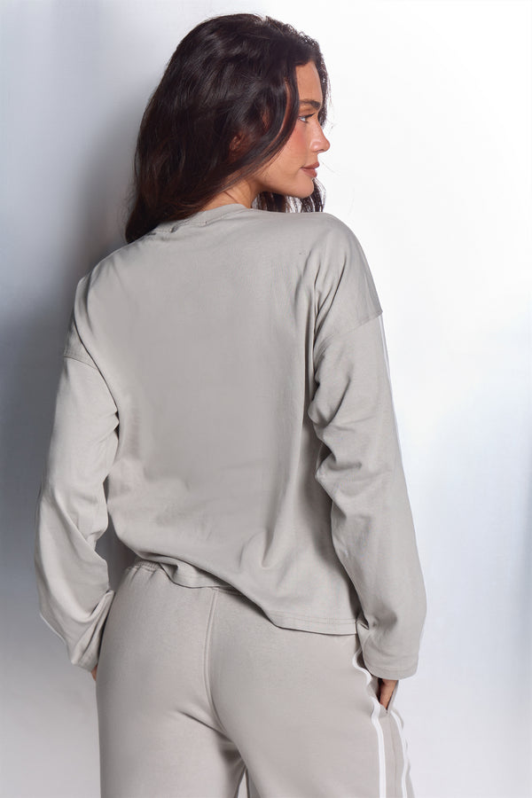 Kaiia Side Stripe Long Sleeve Oversized T-shirt Soft Grey & White