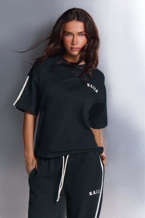 Kaiia Side Stripe Oversized T-shirt Dark Pine & White