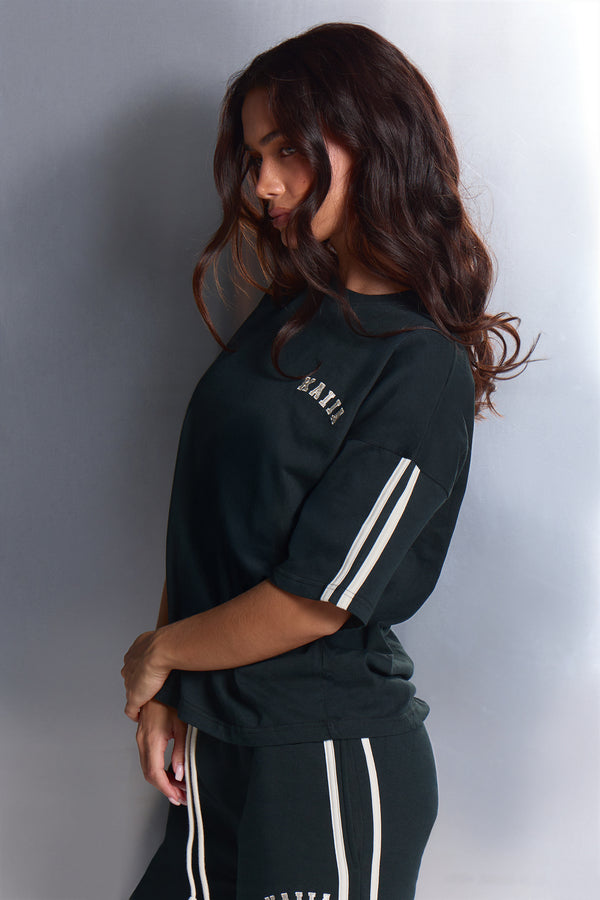Kaiia Side Stripe Oversized T-shirt Dark Pine & White
