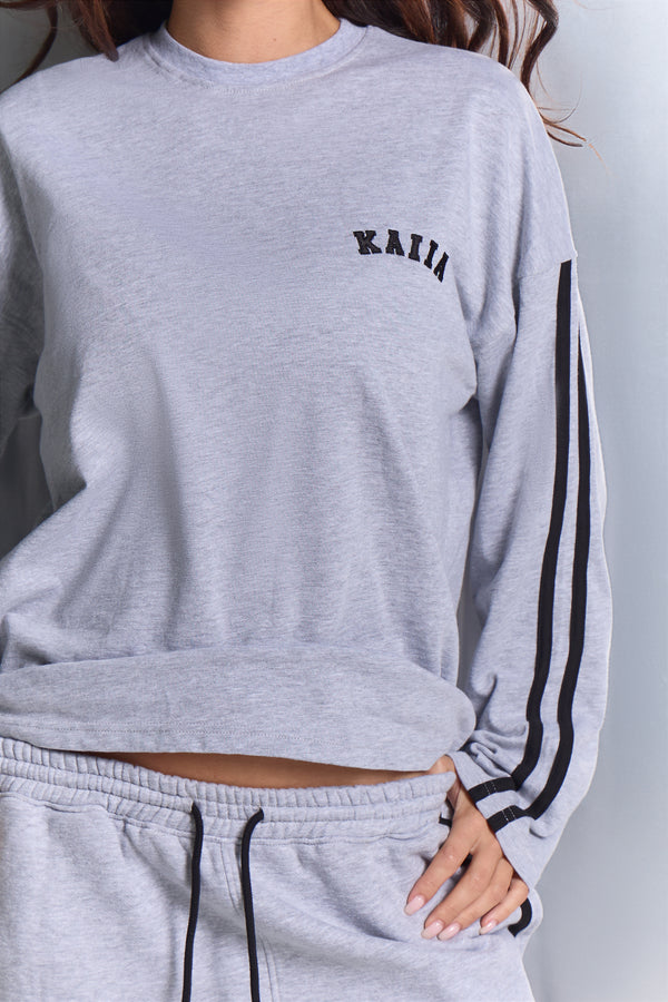 Kaiia Side Stripe Long Sleeve Oversized T-shirt Mid Grey Marl & Black
