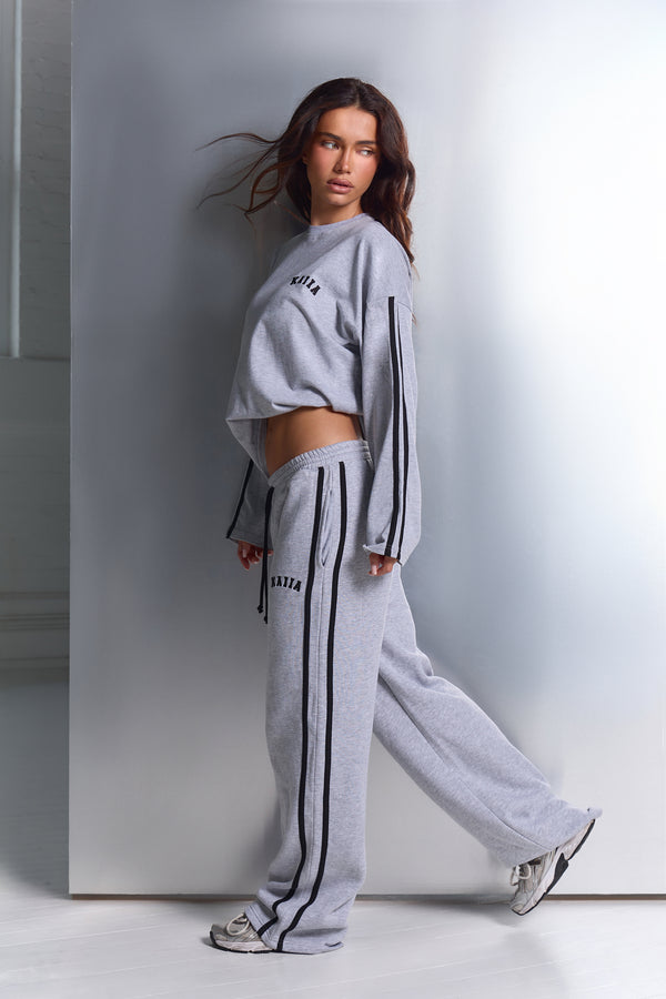 Kaiia Side Stripe Long Sleeve Oversized T-shirt Mid Grey Marl & Black