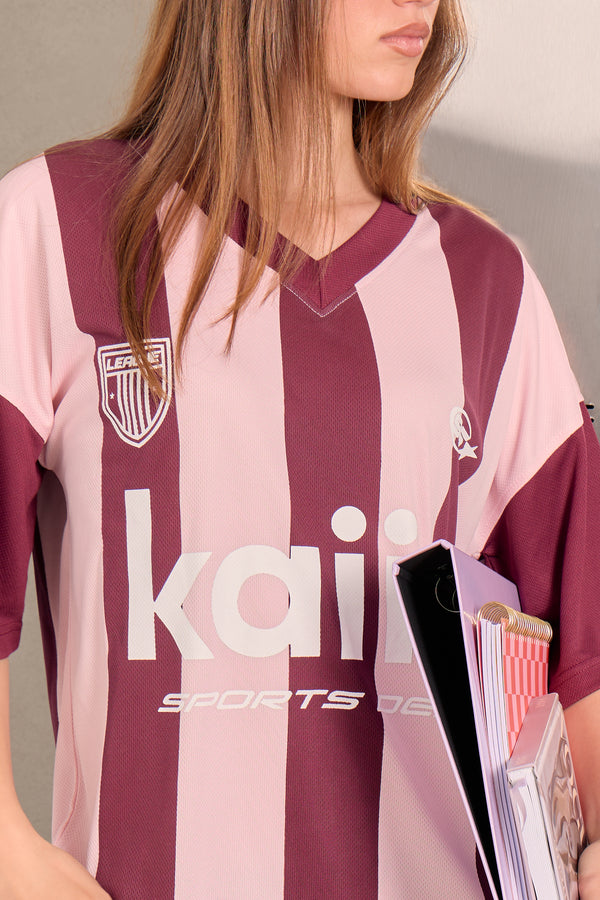Kaiia Athletic Striped Oversized Football Top Burgundy & Baby Pink