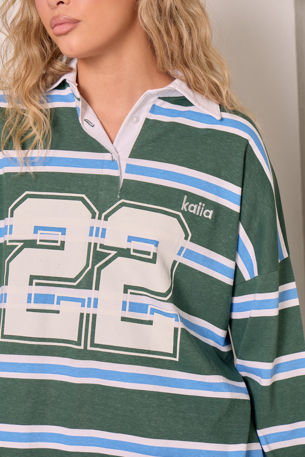 Kaiia 22 Striped Oversized Rugby Shirt Forest Green & White