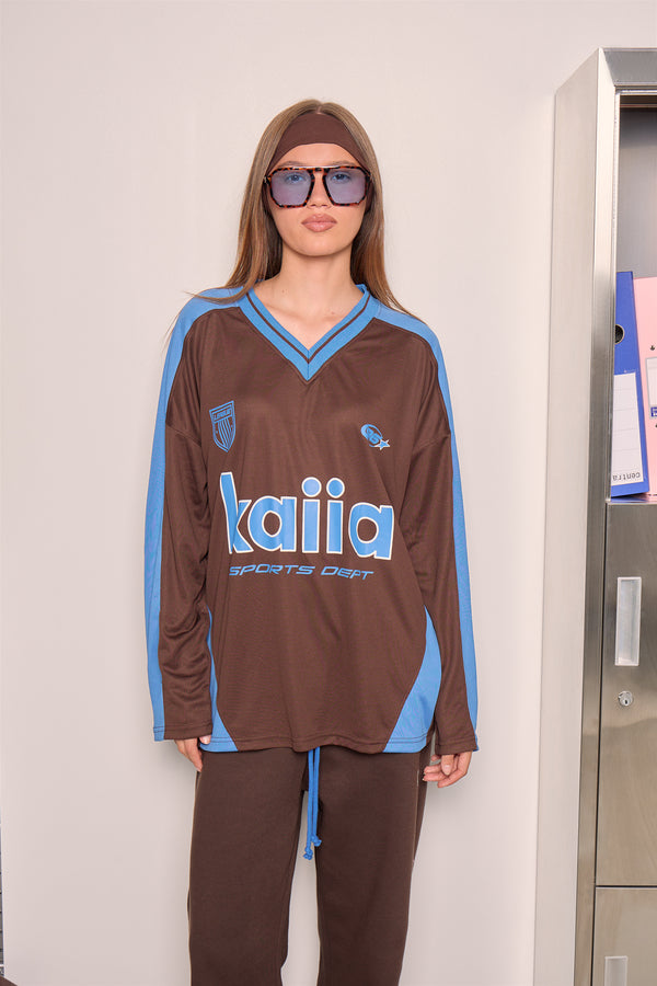 Kaiia Oversized Long Sleeve Football Top Bitter Chocolate & Mid Cobalt