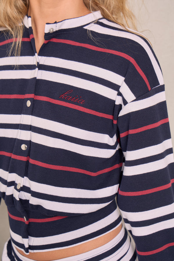 Kaiia Stripe Button Up Top Navy & Red