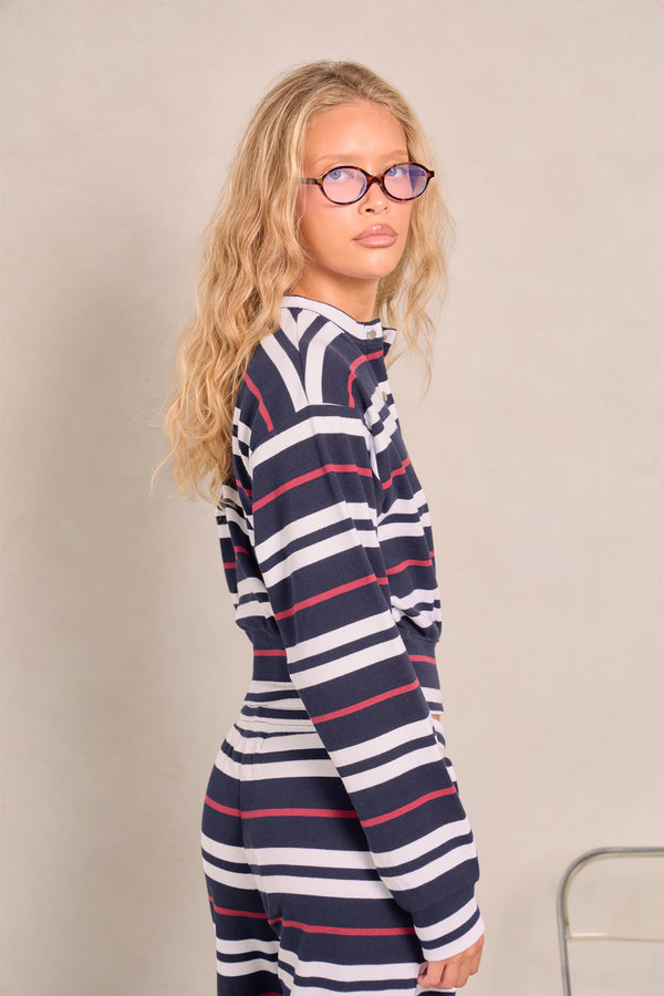 Kaiia Stripe Button Up Top Navy & Red