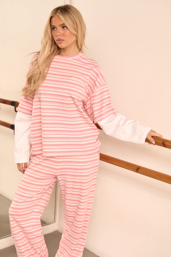 Kaiia Stripe Oversized Double Layered T-shirt Pink & Cream