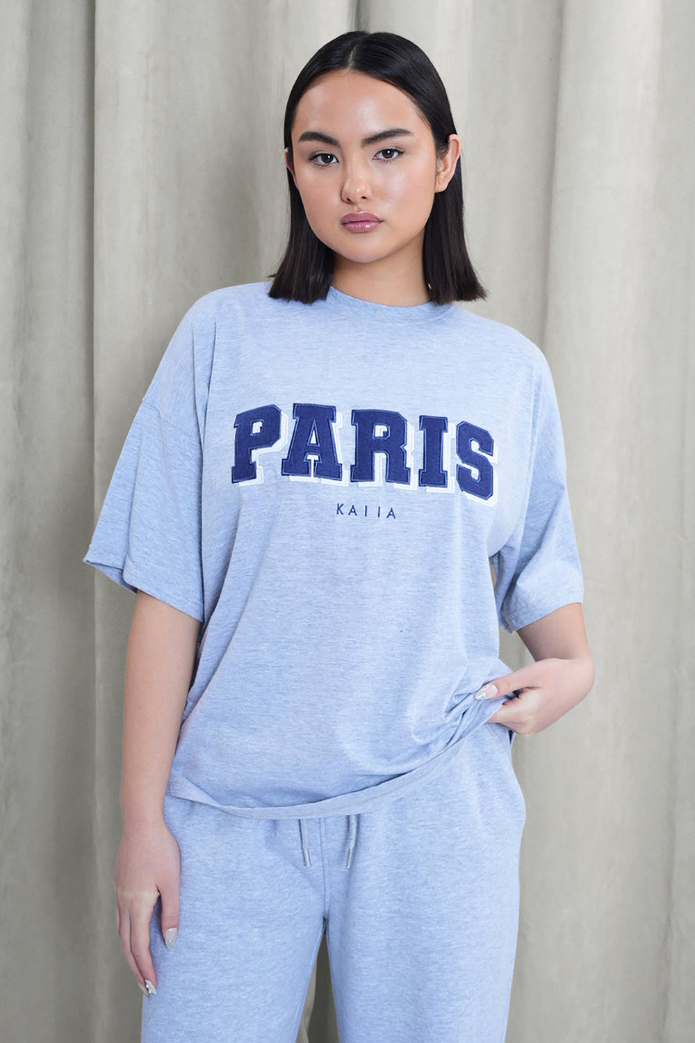 Kaiia Paris Shadow Logo Oversized Top Grey Marl