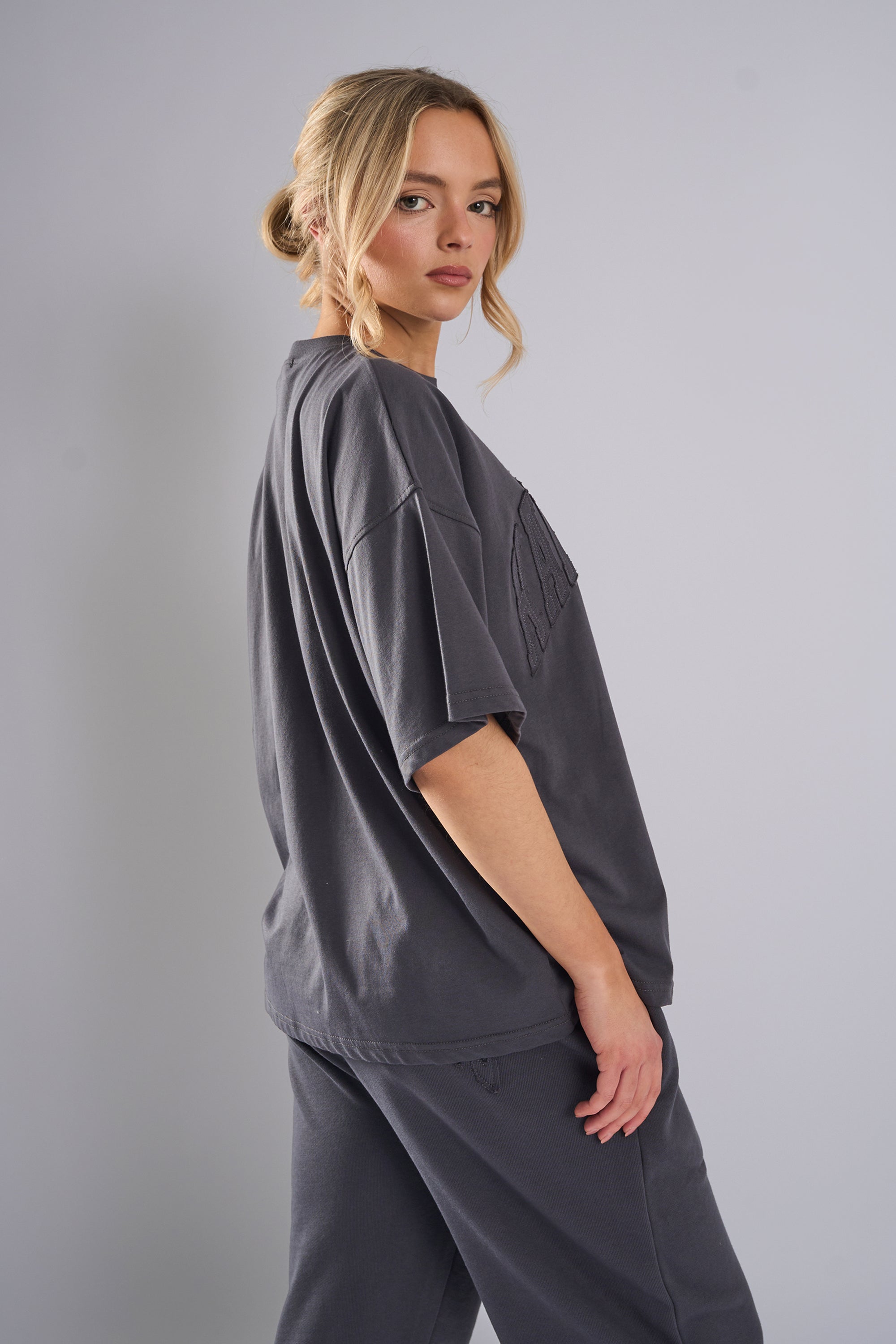 Kaiia Studio Distressed Applique Oversized T-Shirt Dark Grey