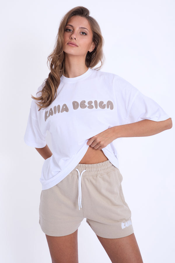 Kaiia Design Embroidered Bubble Logo Oversized T-Shirt White & Light Stone