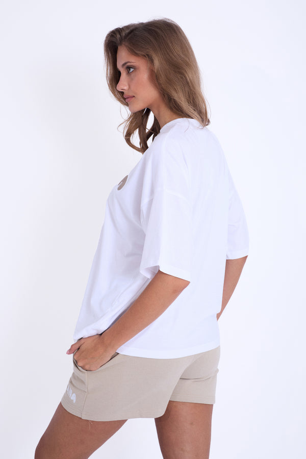 Kaiia Design Embroidered Bubble Logo Oversized T-Shirt White & Light Stone