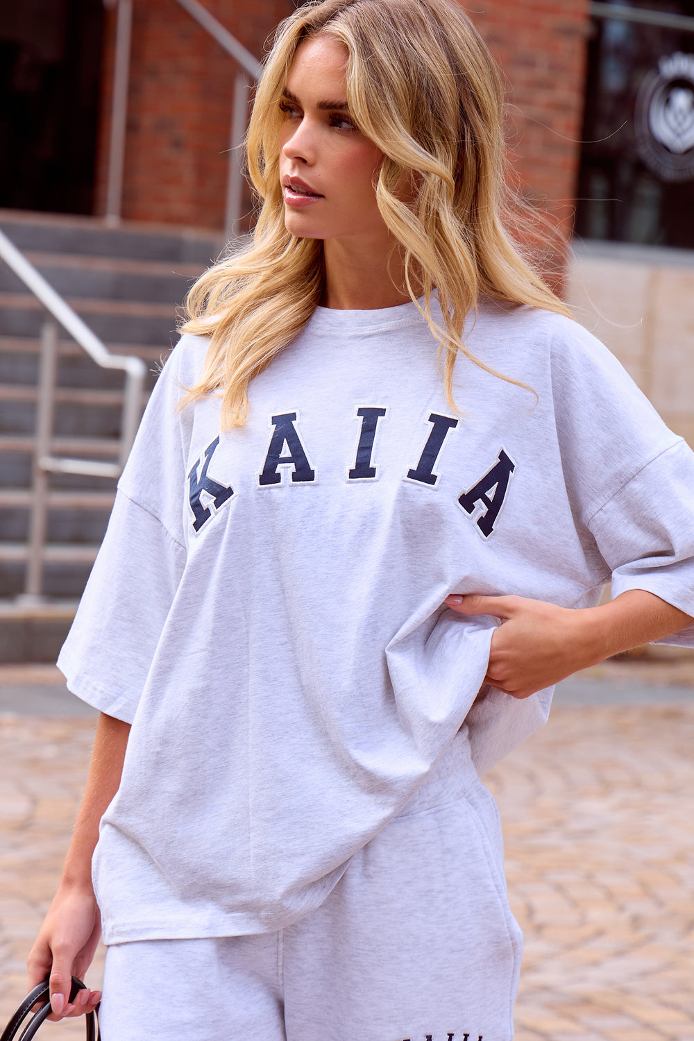 Kaiia Oversized T-shirt Light Grey Marl & Navy