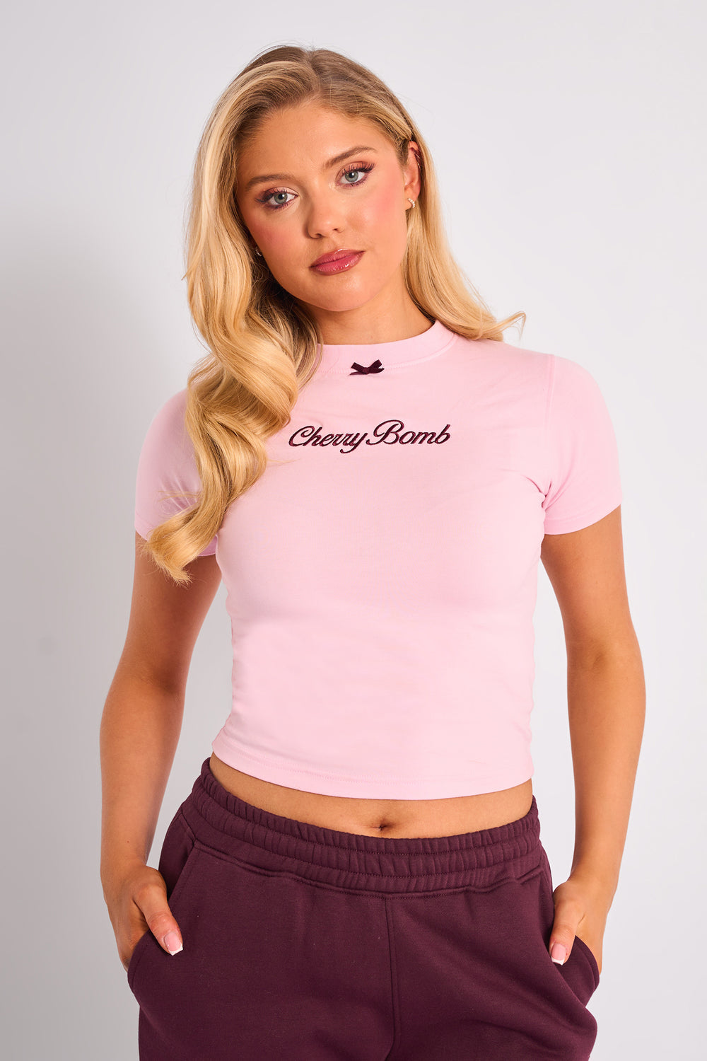 Kaiia Bow Detail Baby Tee Pink & Plum