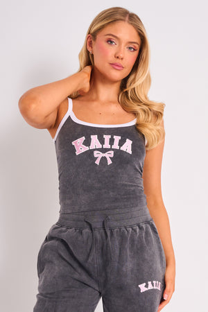 Kaiia Bow Embroidered Cami Top Washed Dark Grey & Pink