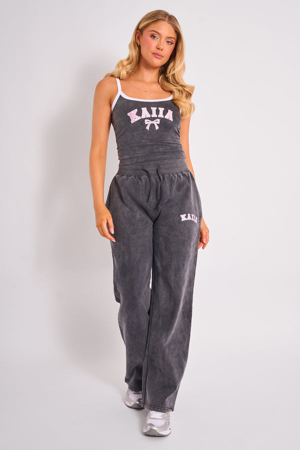 Kaiia Bow Embroidered Cami Top Washed Dark Grey & Pink
