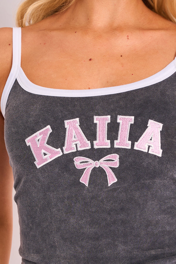 Kaiia Bow Embroidered Cami Top Washed Dark Grey & Pink