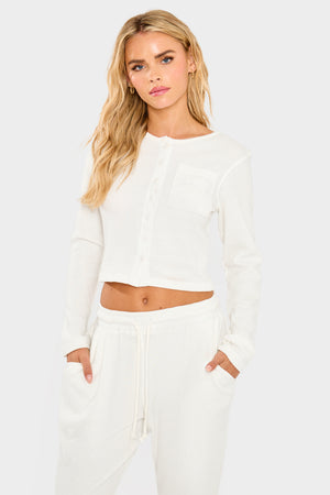 Kaiia Waffle Button Up Long Sleeve Top Cream