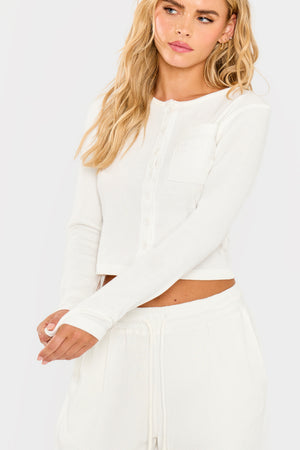 Kaiia Waffle Button Up Long Sleeve Top Cream