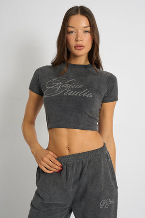 Kaiia Studio Diamante Acid Wash Baby Tee Dark Grey