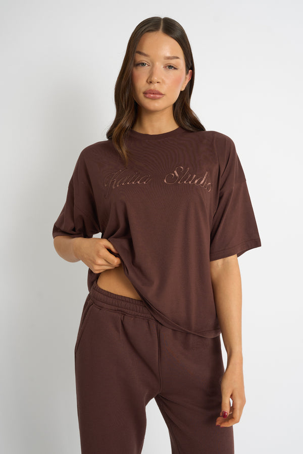 Kaiia Script Logo Oversized T-Shirt Mocha