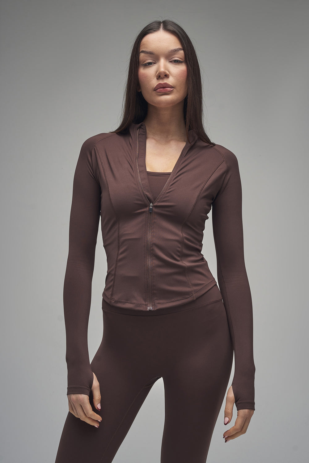 Kaiia Sculpt Long Sleeve Zip Through Fitted Jacket Brown