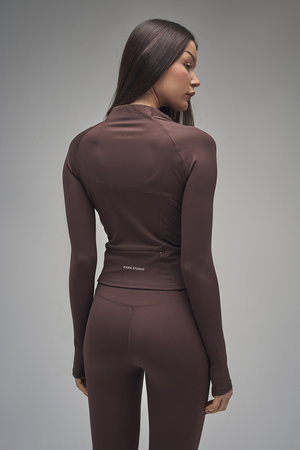 Kaiia Sculpt Long Sleeve Zip Through Fitted Jacket Brown