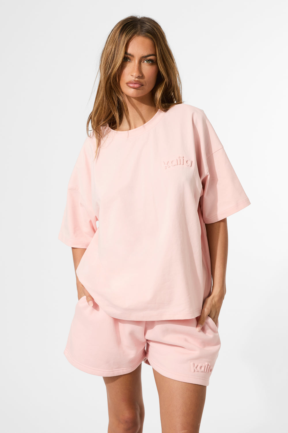 Kaiia Embossed Logo Oversized Tee Sugar Pink