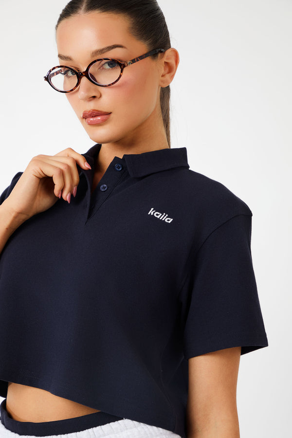 Kaiia Label Logo Short Sleeve Crop Polo Top Navy