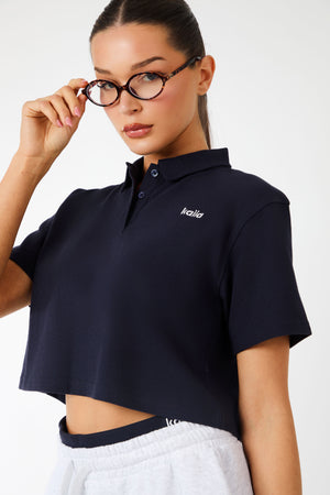 Kaiia Label Logo Short Sleeve Crop Polo Top Navy