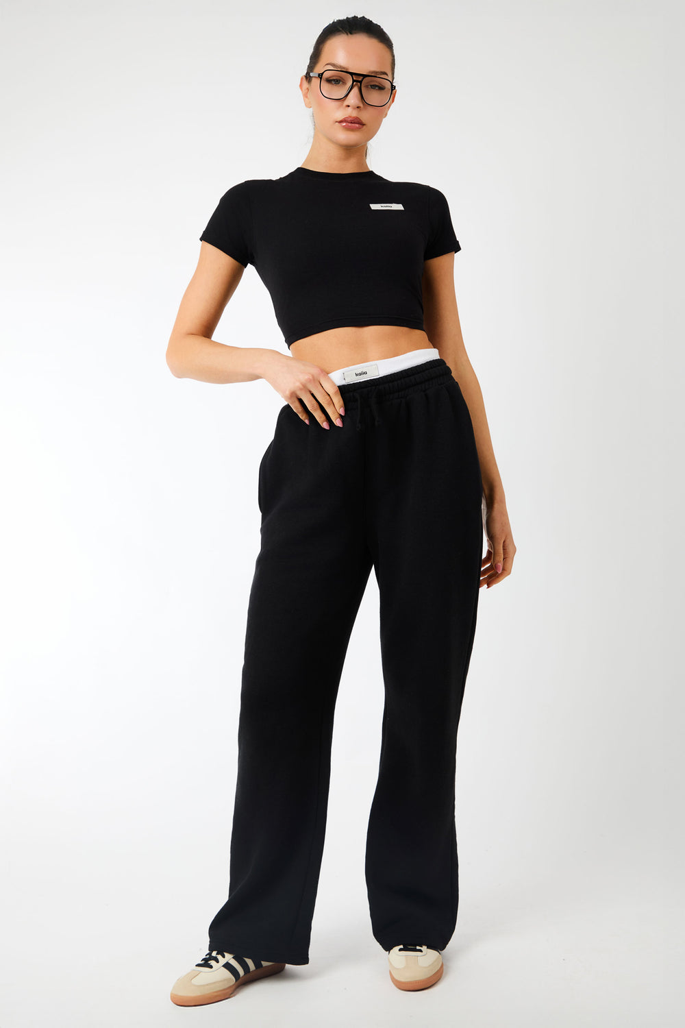 Kaiia Label Logo Exposed Waistband Wide Leg Joggers Black