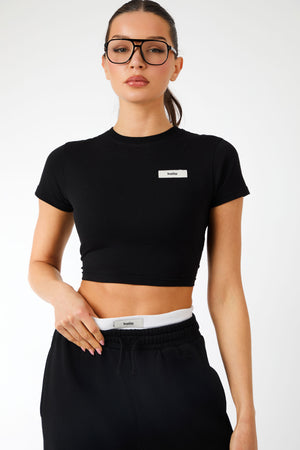Kaiia Label Logo Exposed Waistband Wide Leg Joggers Black