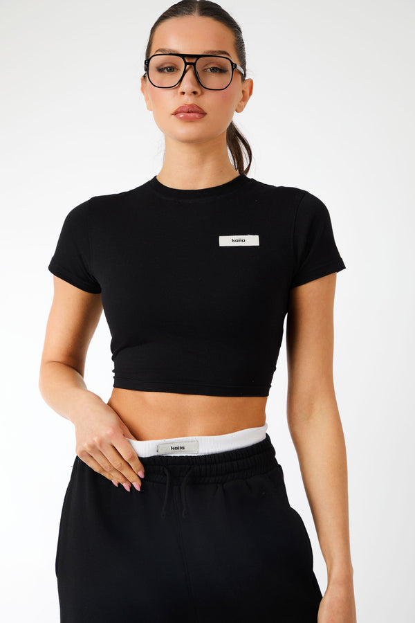 Kaiia Label Logo Exposed Waistband Wide Leg Joggers Black
