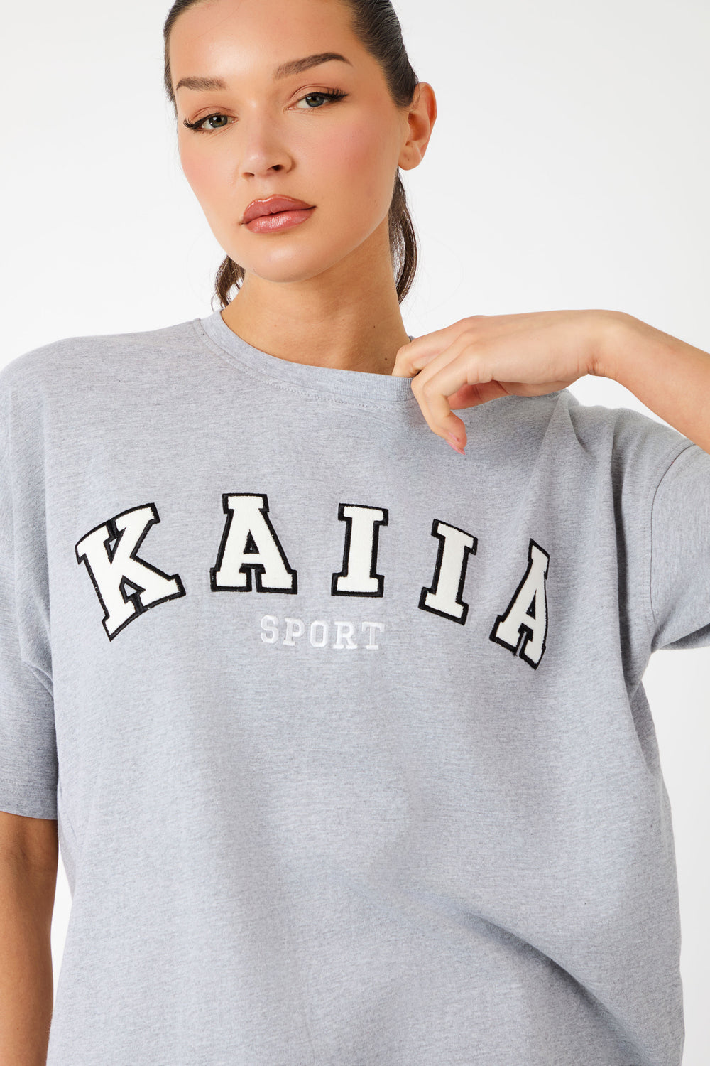 Kaiia Sport Logo Oversized T-Shirt Grey Marl & White