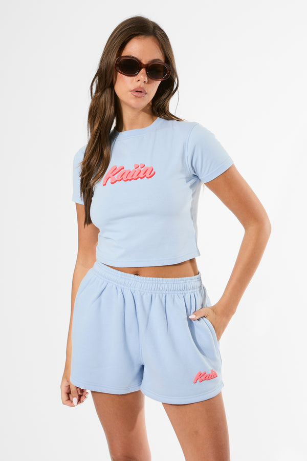 Kaiia Bubble Graphic Baby Tee Baby Blue & Coral