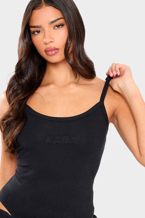 Kaiia Embossed Bubble Logo Cami Bodysuit Black