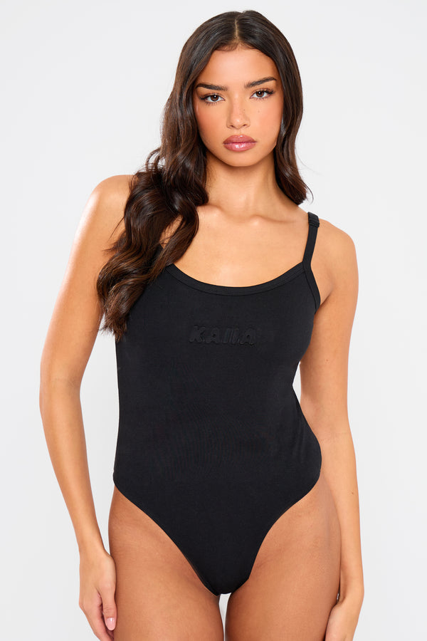 Kaiia Embossed Bubble Logo Cami Bodysuit Black
