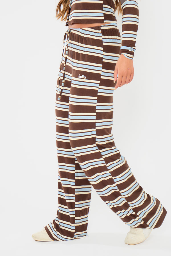 Kaiia Striped Wide Leg Trousers Brown Blue & Cream