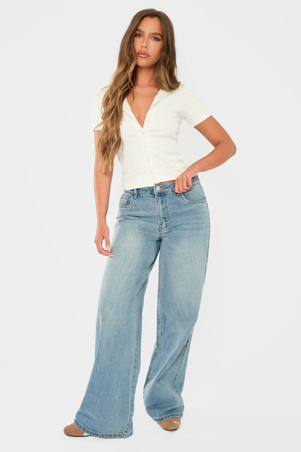 Kaiia Denim Mid Rise Wide Leg Jeans Vintage Wash