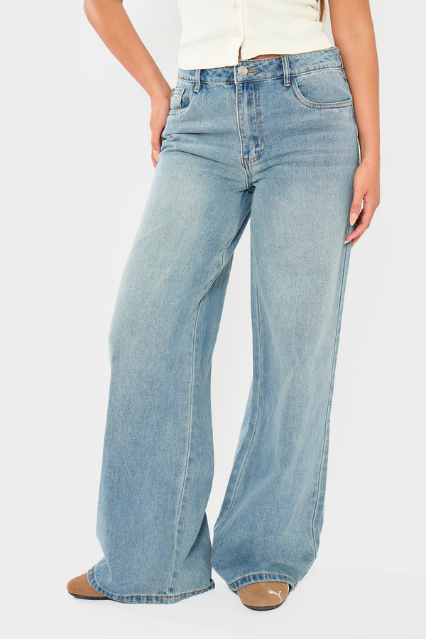 Kaiia Denim Mid Rise Wide Leg Jeans Vintage Wash