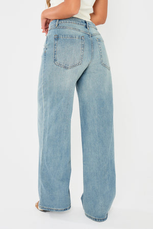Kaiia Denim Mid Rise Wide Leg Jeans Vintage Wash