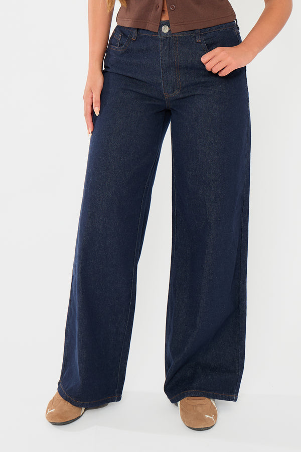 Kaiia Denim Mid Rise Wide Leg Jeans Indigo